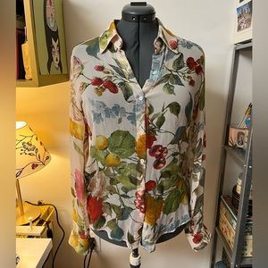 Semi sheer button down with fruit and floral print
